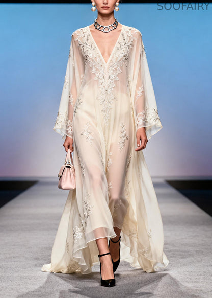 French White Embroidered Exra Large Hem Chiffon Party Dress Summer