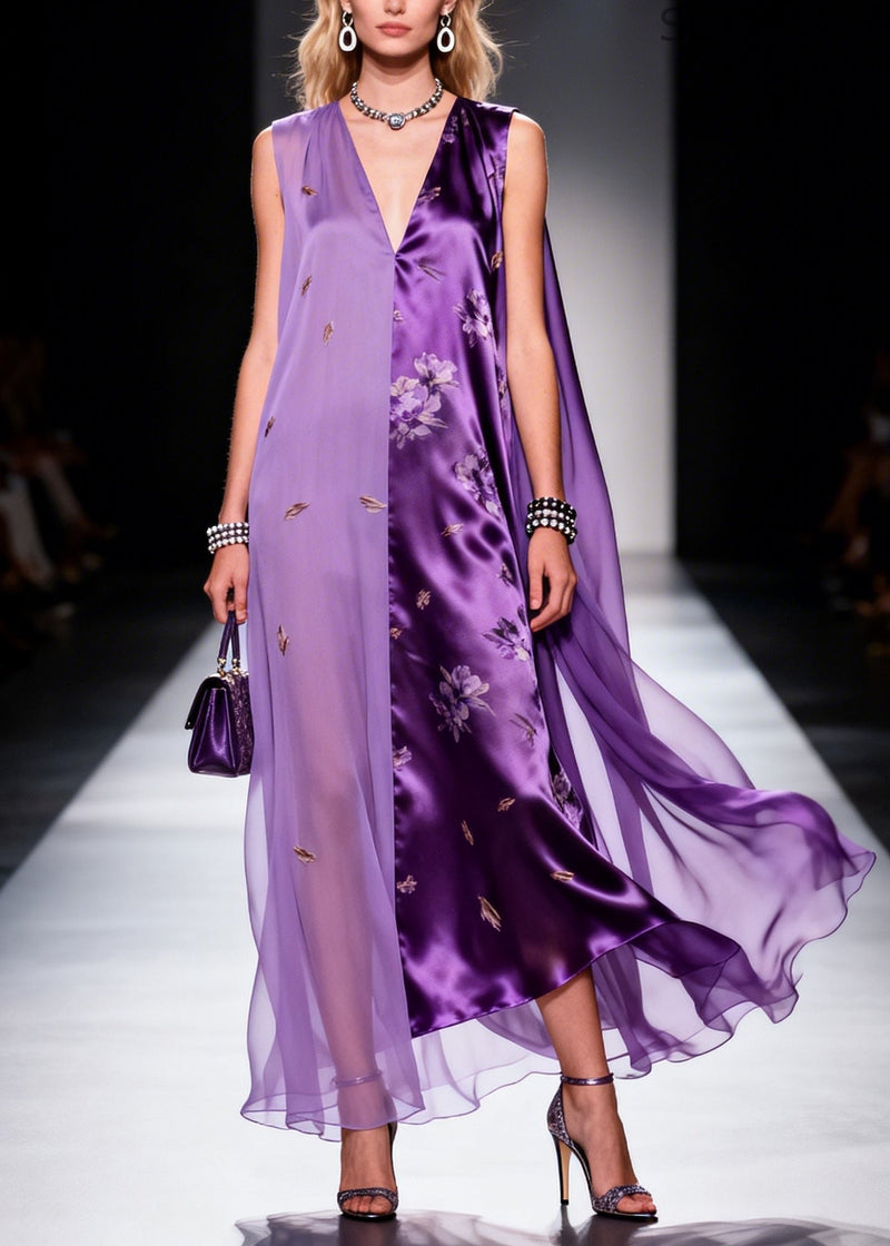 Purple Asymmetrical Patchwork Chiffon Ankle Dress Sleeveless