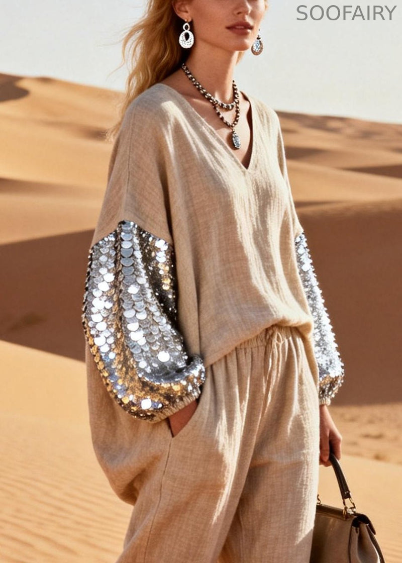 Khaki Sequins Elastic Waist Patchwork Linen Jumpsuits V Neck Spring