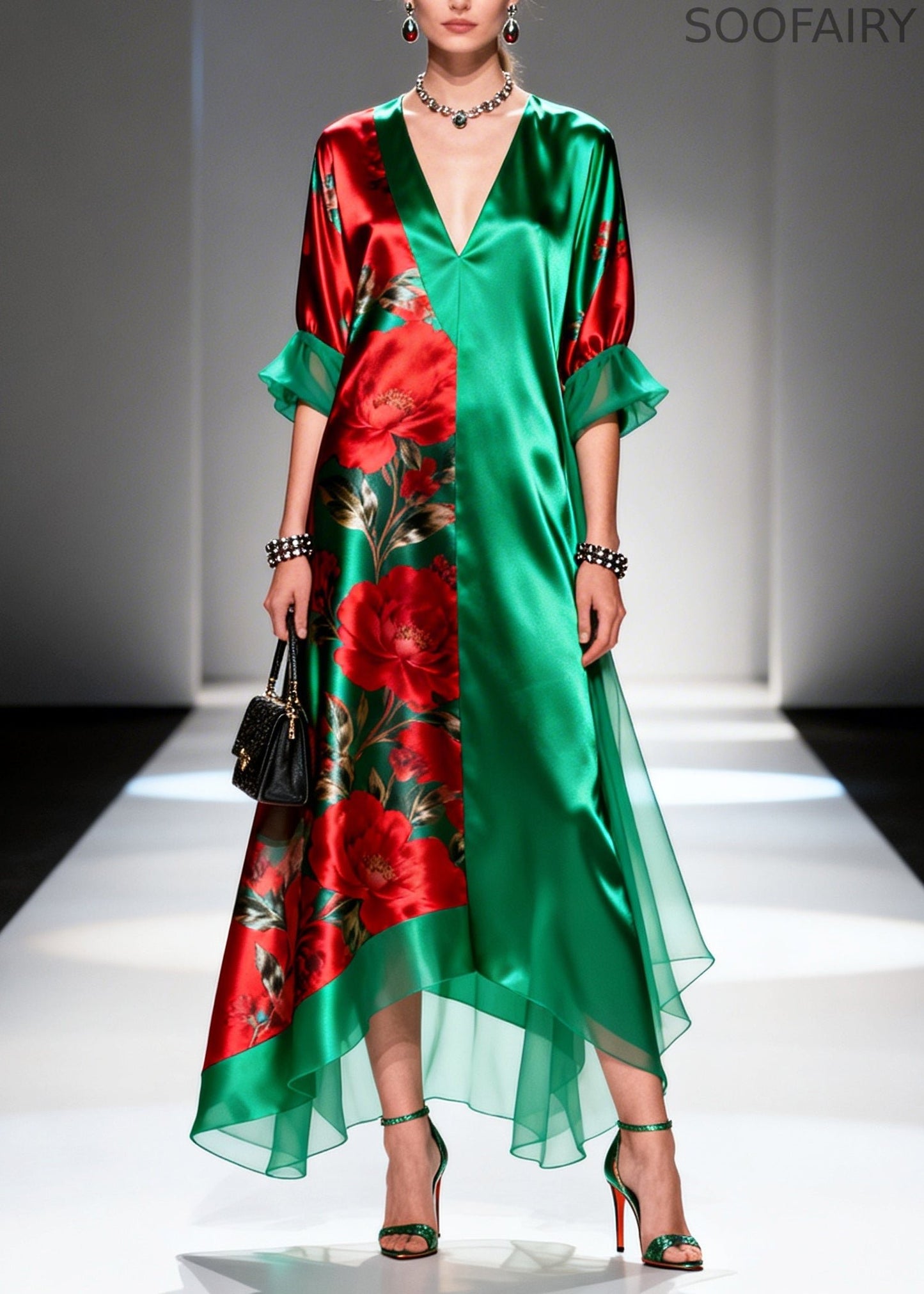 Boutique Tea Green Oversized Print Silk Long Dress Summer