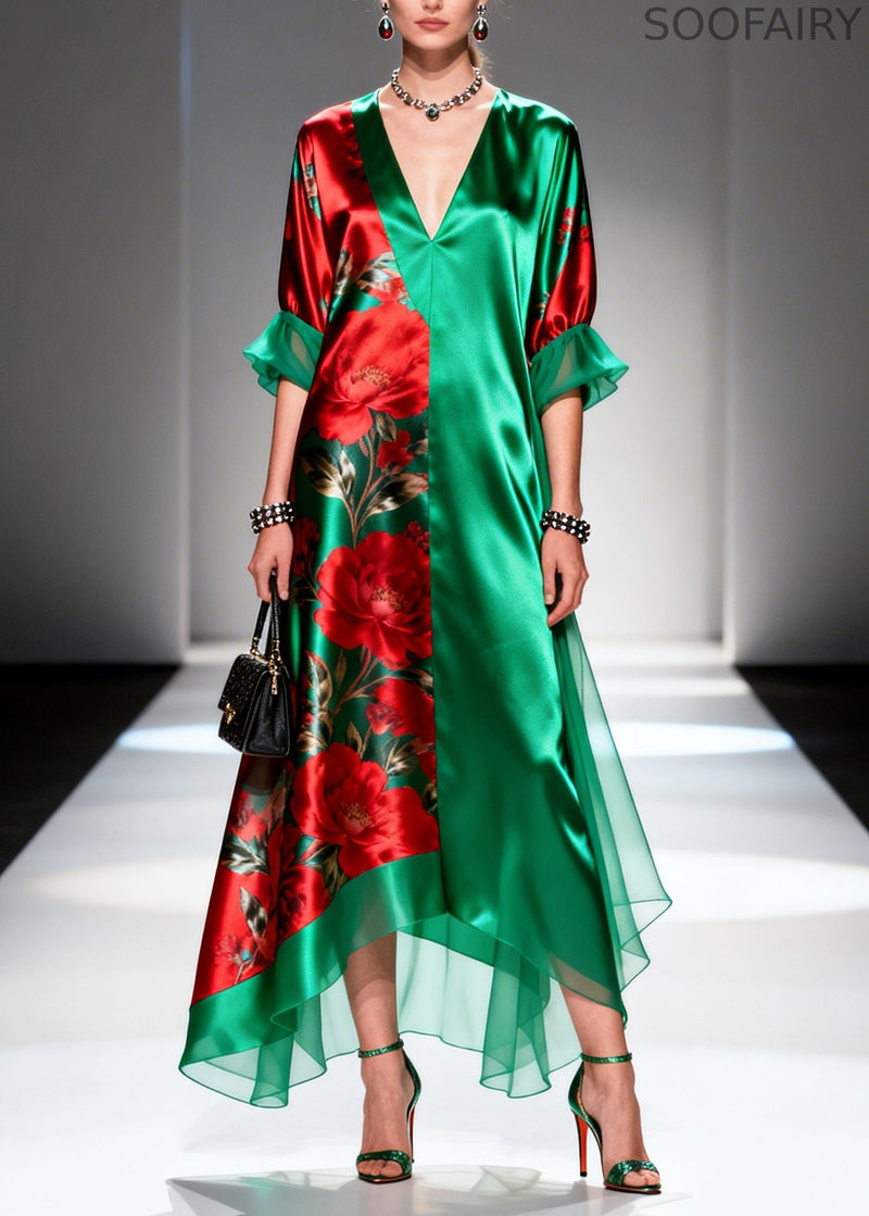 Boutique Tea Green Oversized Print Silk Long Dress Summer