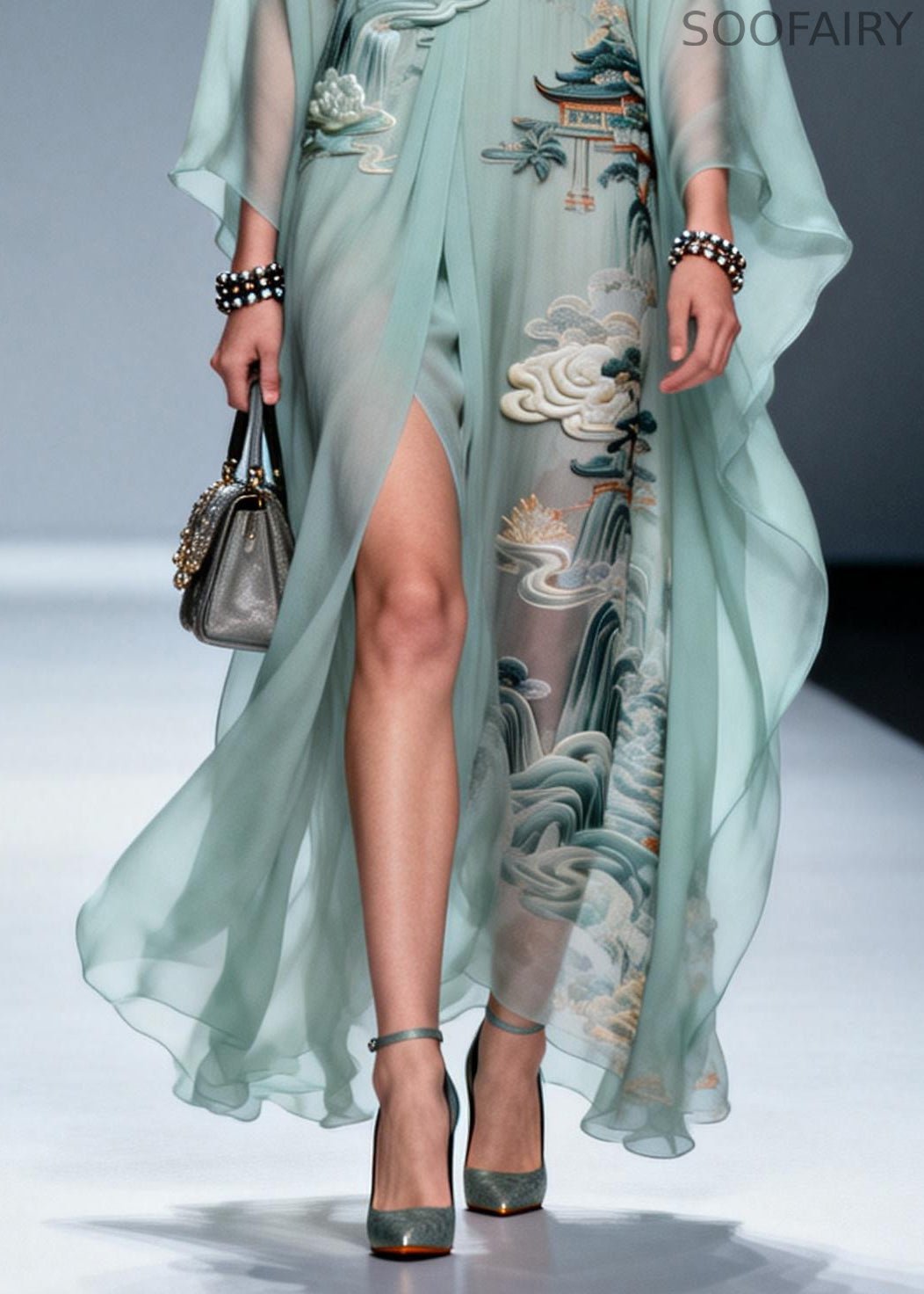 Sky Blue Print Side Open Chiffon Holiday Dress Summer