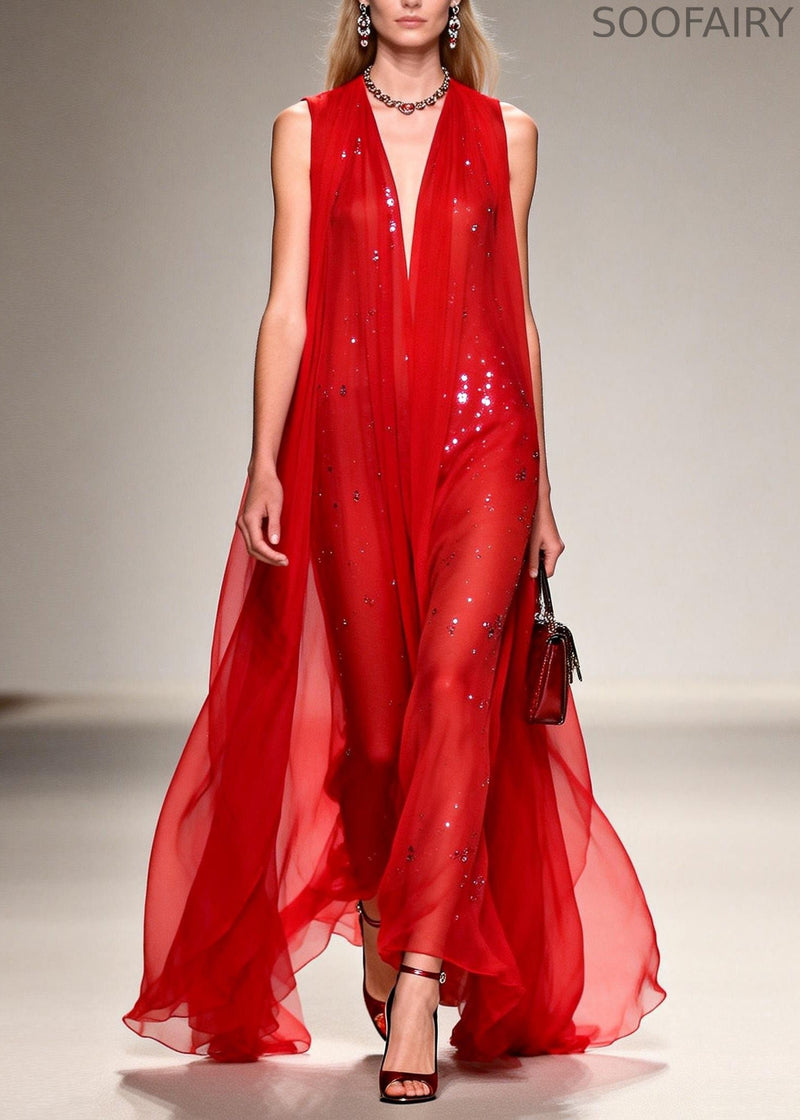 French Red V Neck Zircon Patchwork Chiffon Ankle Dress Sleeveless