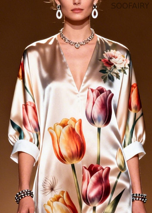 Unique Champagne Print Draping Silk Ankle Dress Summer