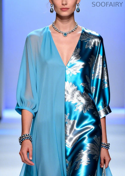 Blue Asymmetrical Patchwork Chiffon Party Dress Summer
