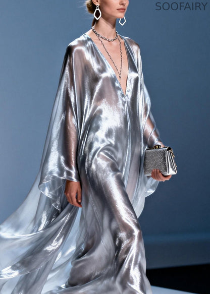 Stylish V Neck Silver Silk Long Dress Spring