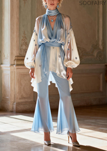 Gradient Color V Neck Patchwork Tunic Chiffon Shirts and Flared Trousers Two Pieces Set Spring