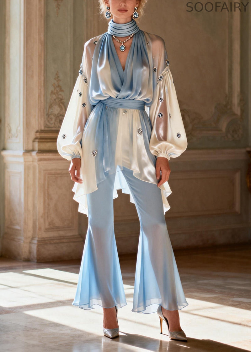 Gradient Color V Neck Patchwork Tunic Chiffon Shirts and Flared Trousers Two Pieces Set Spring