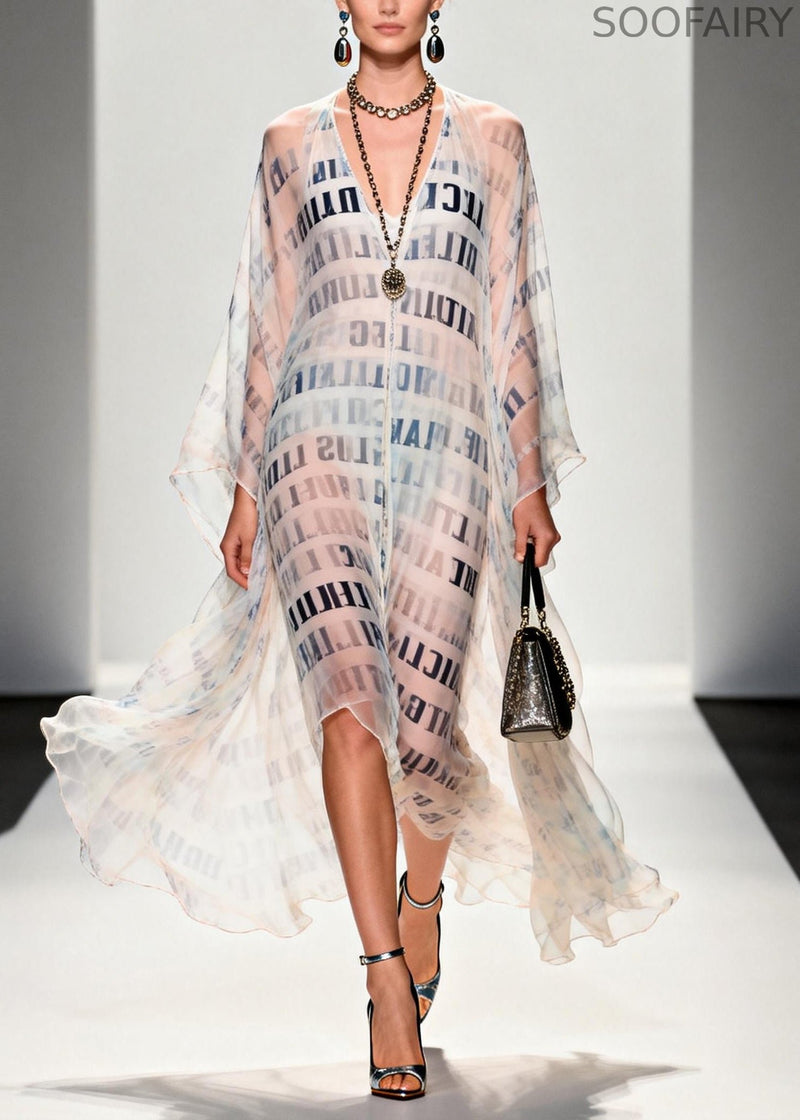 Italian White Letter Print Draping Chiffon Sheer Dress Summer