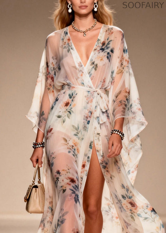 Print Side Open Lace Up Chiffon Dresses Summer