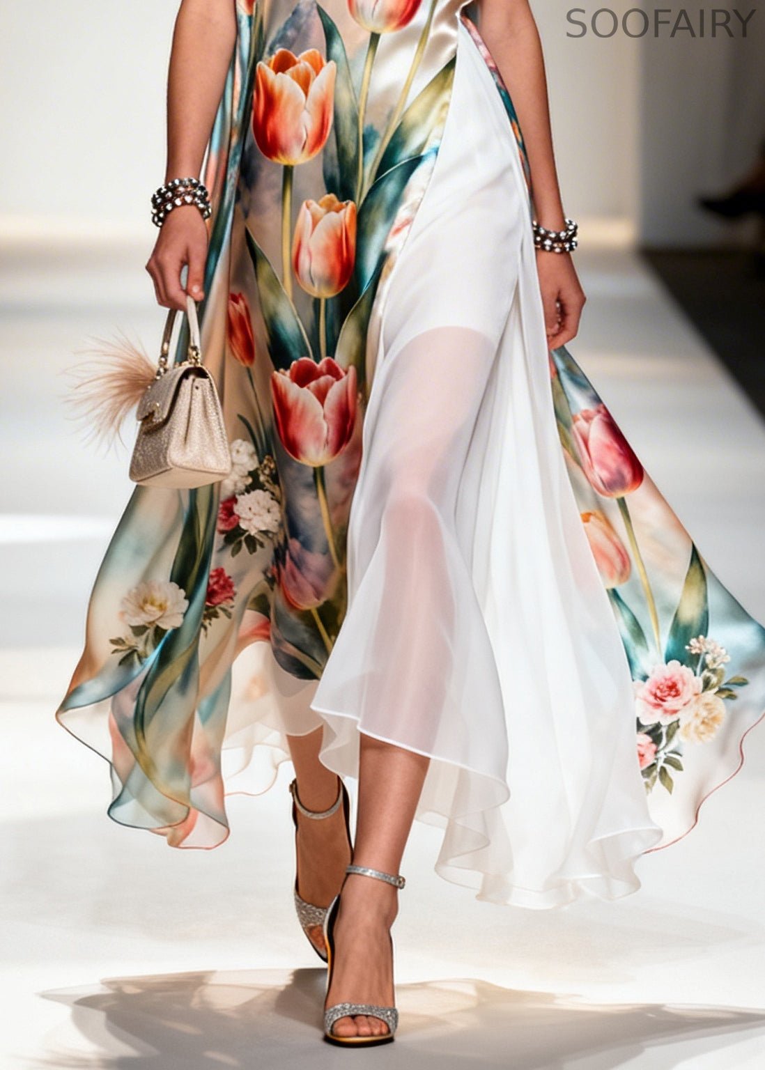 Flower Print Patchwork Chiffon Maxi Dresses Sleeveless