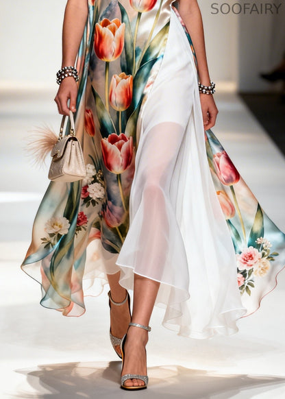 Flower Print Patchwork Chiffon Maxi Dresses Sleeveless