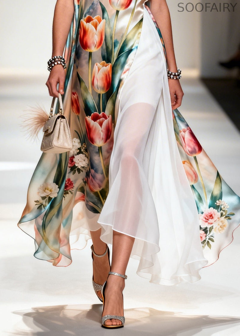 Flower Print Patchwork Chiffon Maxi Dresses Sleeveless