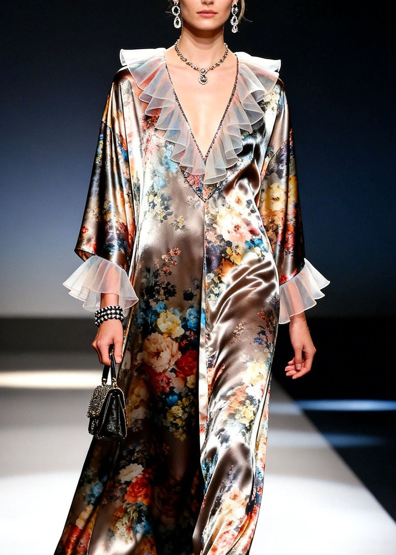Modern V Neck Print Ruffled Patchwork Silk Dresses Spring