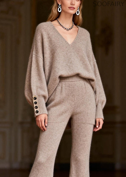 Oat Color V Neck Patchwork Cotton Knit Two Pieces Set Lantern Sleeve