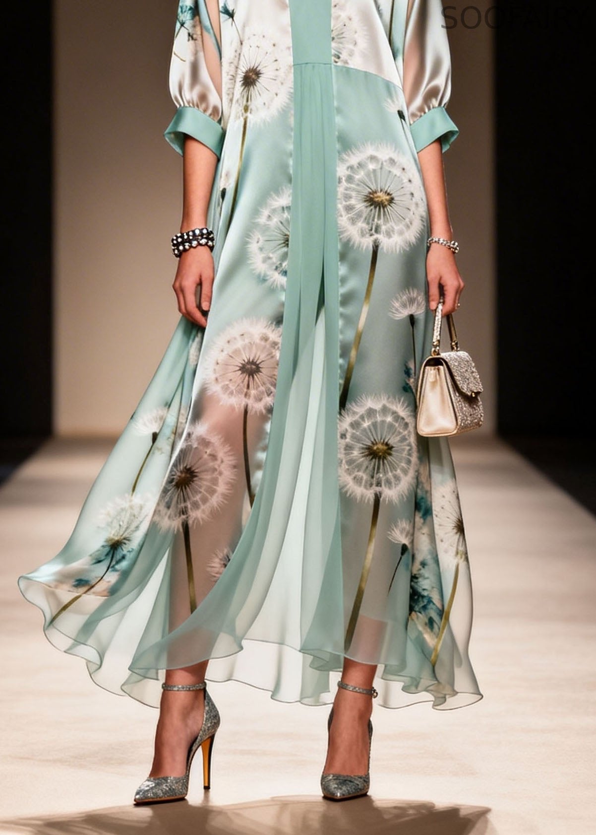 V Neck Print Patchwork Chiffon Dresses Summer