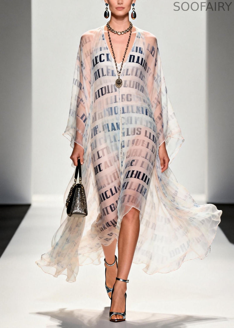 Italian White Letter Print Draping Chiffon Sheer Dress Summer