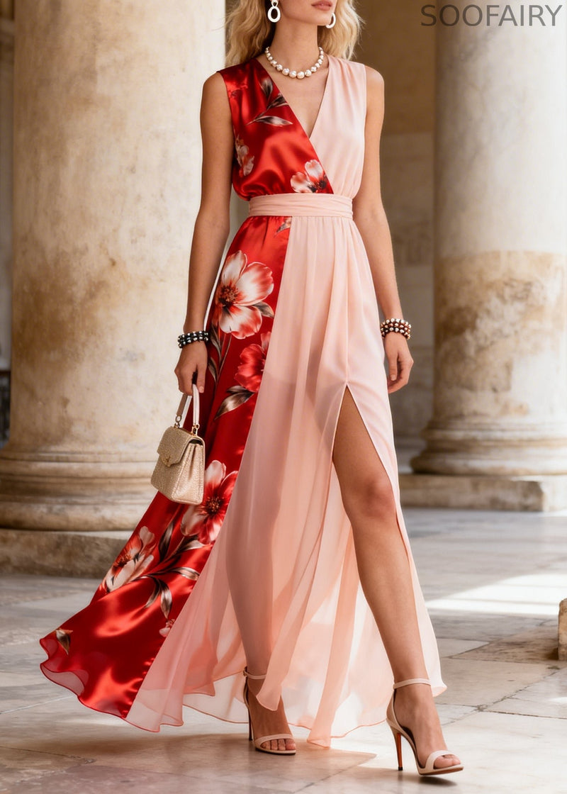 Asymmetrical Patchwork Side Open Chiffon Holiday Dress Sleeveless