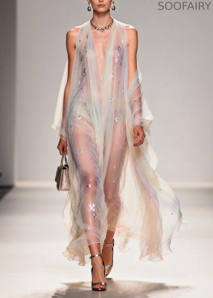 Modern V Neck Zircon Chiffon Long Dress Summer