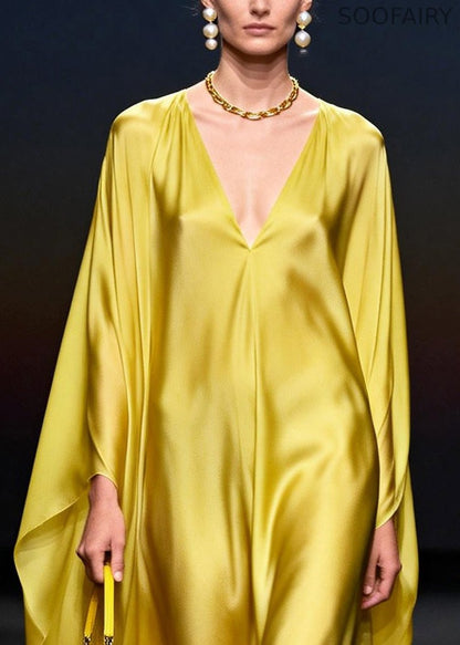 Yellow Oversized Chiffon Vacation Dresses Batwing Sleeve