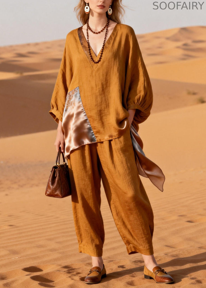 Caramel Pockets Silk Patchwork Tops and Crop Pants Linen Two-piece Set V Neck Spring