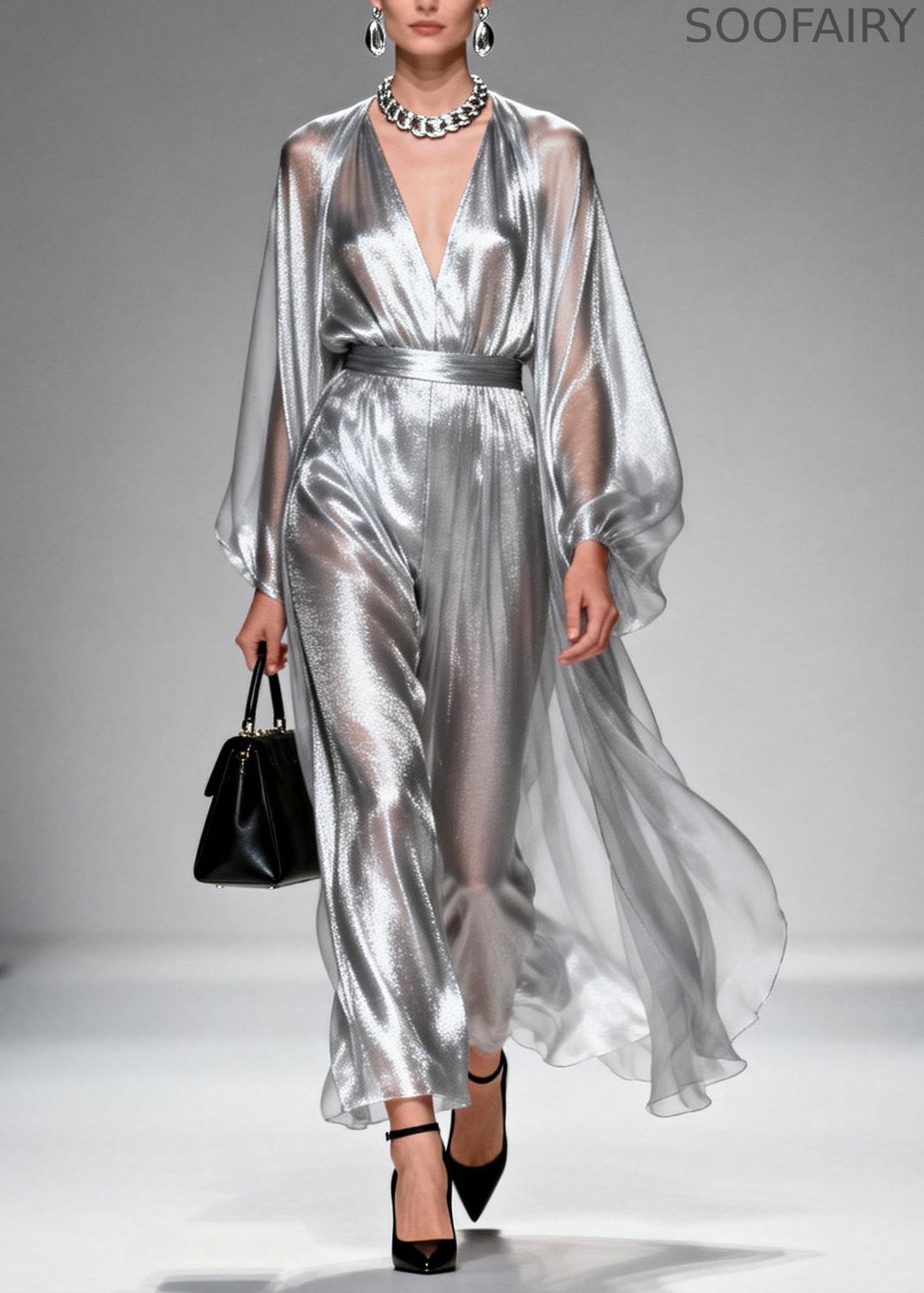 Silver V Neck Silk Long Dresses Spring