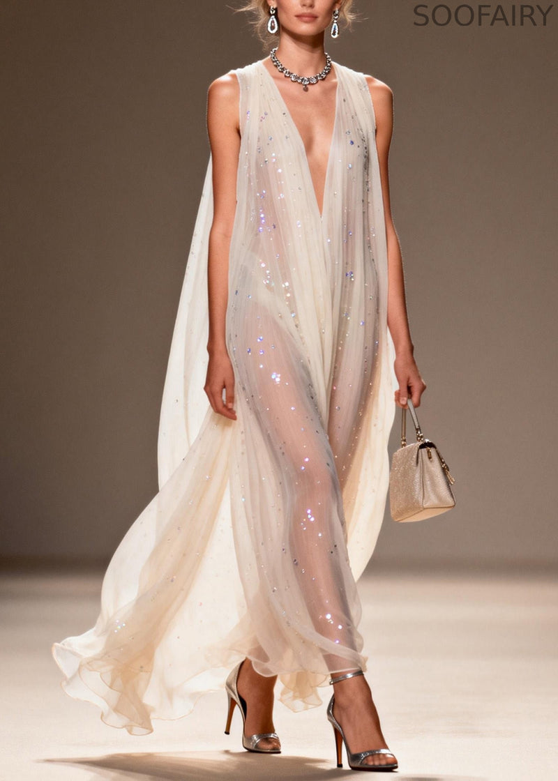 Loose V Neck Zircon Chiffon Dress Sleeveless
