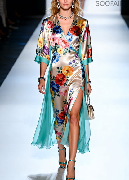 Apricot Print Tulle Patchwork Side Open Silk Dress Summer