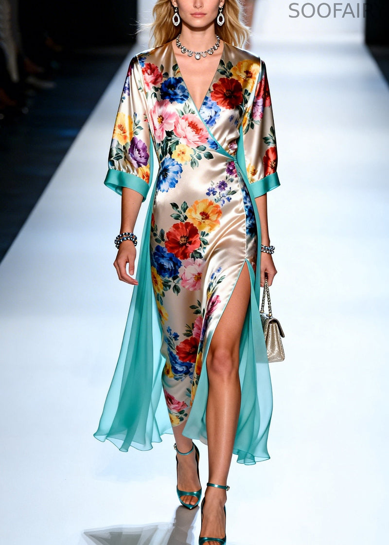 Apricot Print Tulle Patchwork Side Open Silk Dress Summer