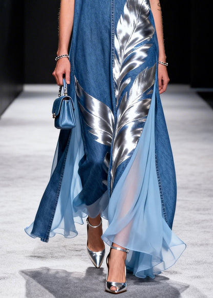 Denim Blue Patchwork Tulle Holiday Dress Oversized Print Summer