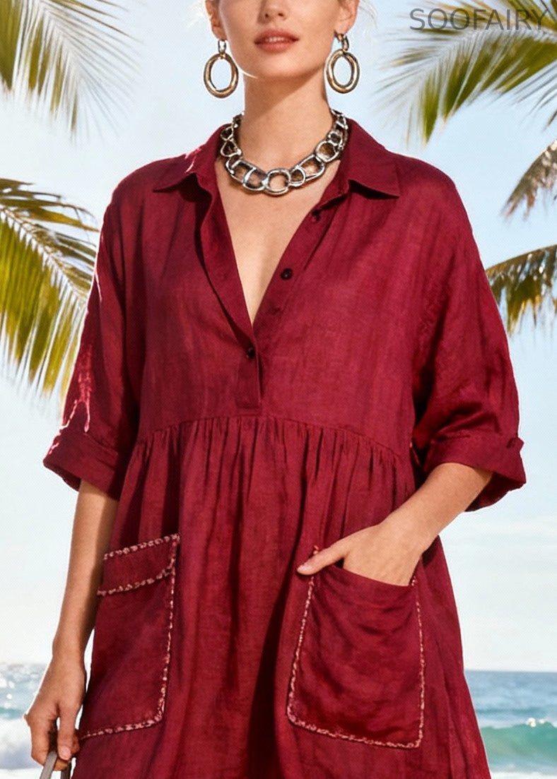 Simple Mulberry Tasseled Pockets Cotton Party Dress Summer