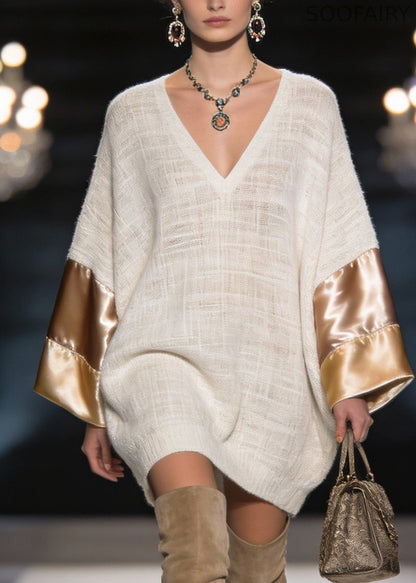 V Neck Silk Patchwork Linen Mid Dress Spring