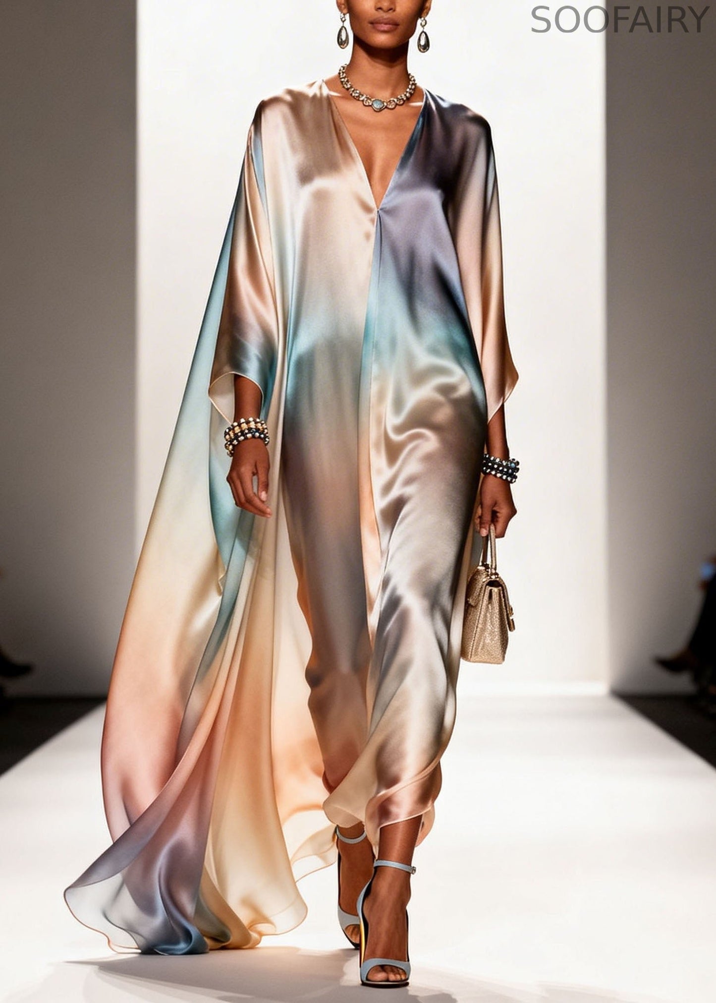 Gradient Color V Neck Chiffon Long Dress Spring