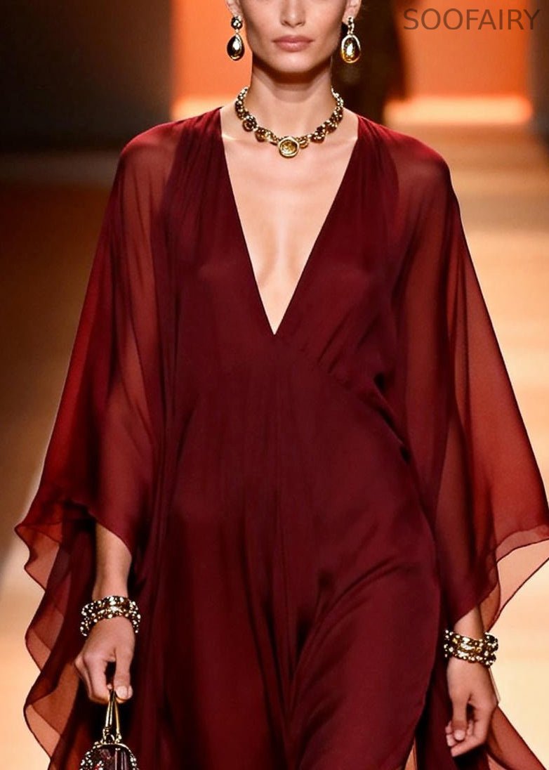 Mulberry V Neck Chiffon Vacation Dress Summer