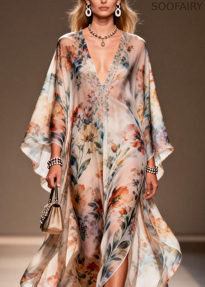 V Neck Print Side Open Chiffon Dress Spring