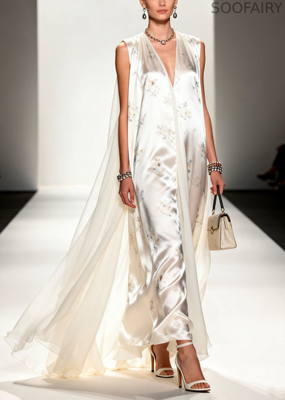Modern V Neck Print Patchwork Silk Long Dresses Sleeveless