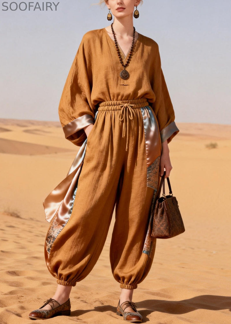 Caramel Pockets Elastic Waist Patchwork Silk Linen Two Pieces Set Spring