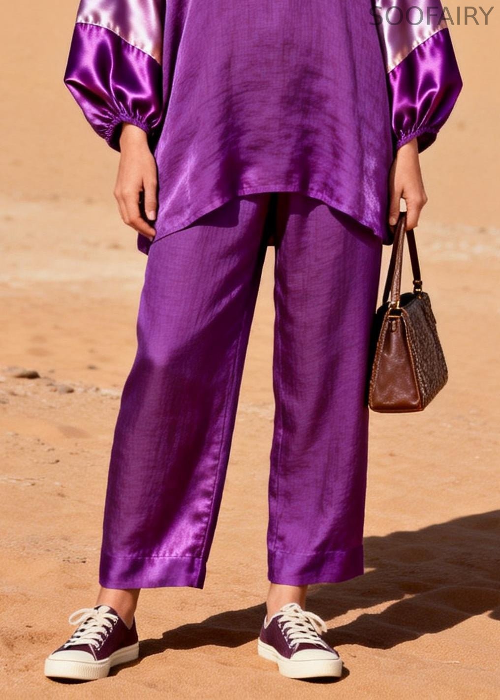 Dark Purple Oversized Patchwork Cotton Two Piece Set Spring