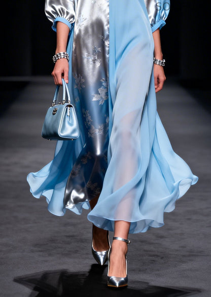 Blue Asymmetrical Patchwork Silk Long Dresses Summer