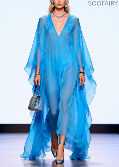 Style Blue Oversized Chiffon Holiday Dress Summer