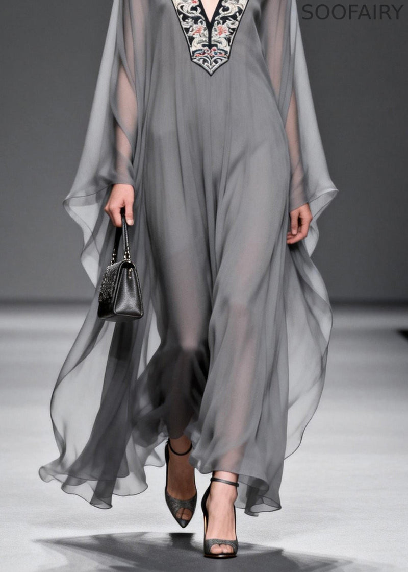 Grey V Neck Print Patchwork Chiffon Maxi Dresses Spring