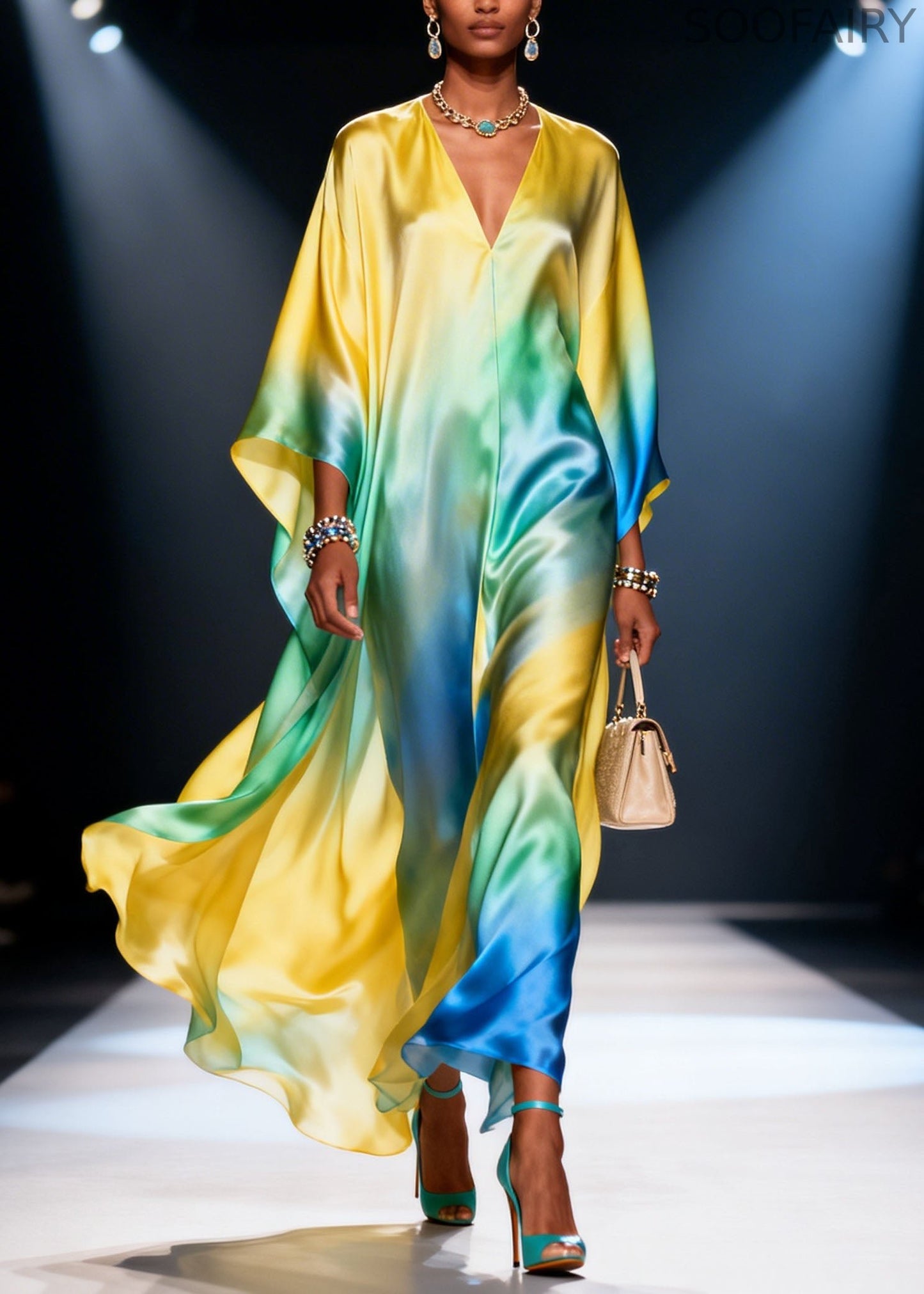 Gradient Color V Neck Chiffon Vacation Dresses Spring