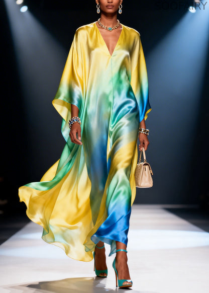 Gradient Color V Neck Chiffon Vacation Dresses Spring