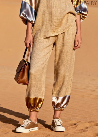 Khaki Oversized Patchwork Linen Two Pieces Set Spring