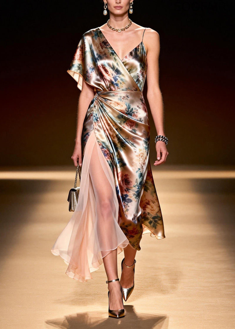 Beige Asymmetrical Patchwork Chiffon Ankle Dress Summer