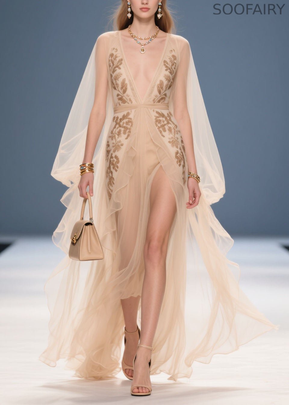 French Beige V Neck Print Chiffon Long Dresses Summer