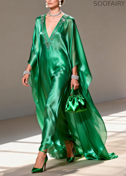 Boutique Green V Neck Zircon Silk Long Dress Spring