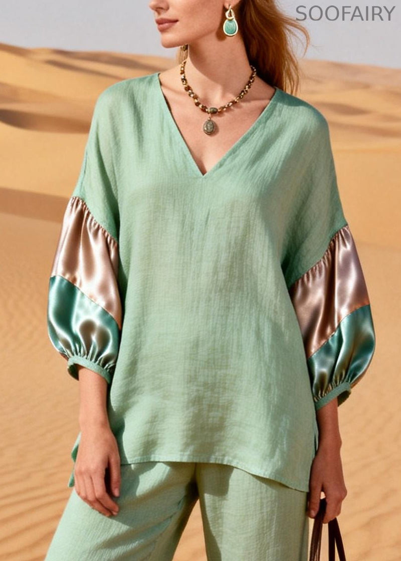Italian Light Green V Neck Patchwork Cotton Two Pieces Set Summer
