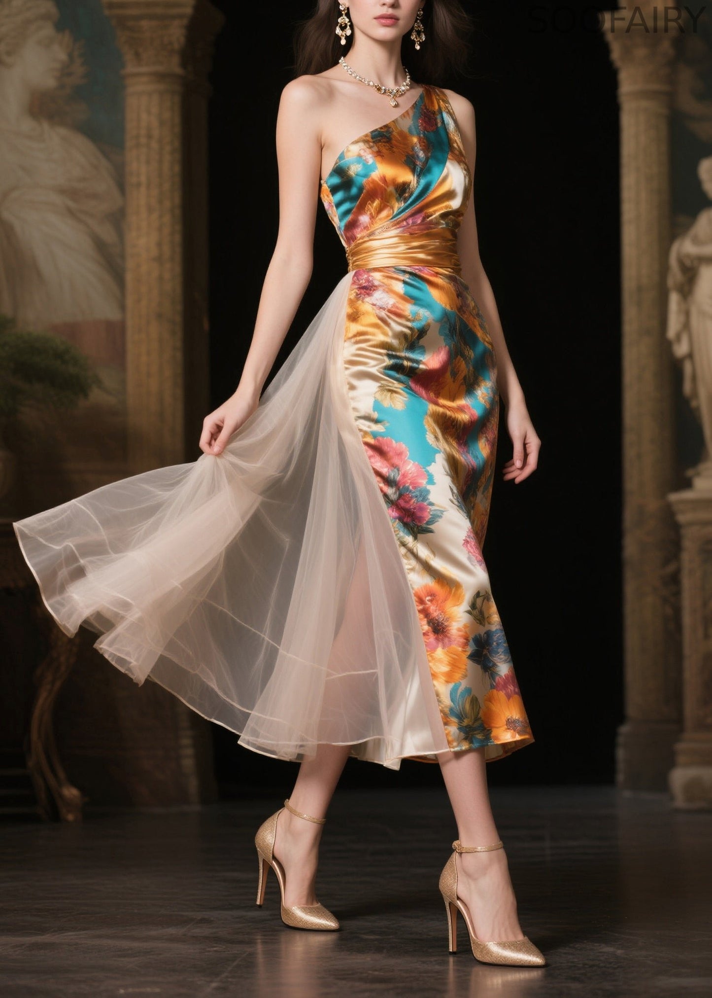 Italian One Shoulder Patchwork Tulle Vestidos Dresses Summer