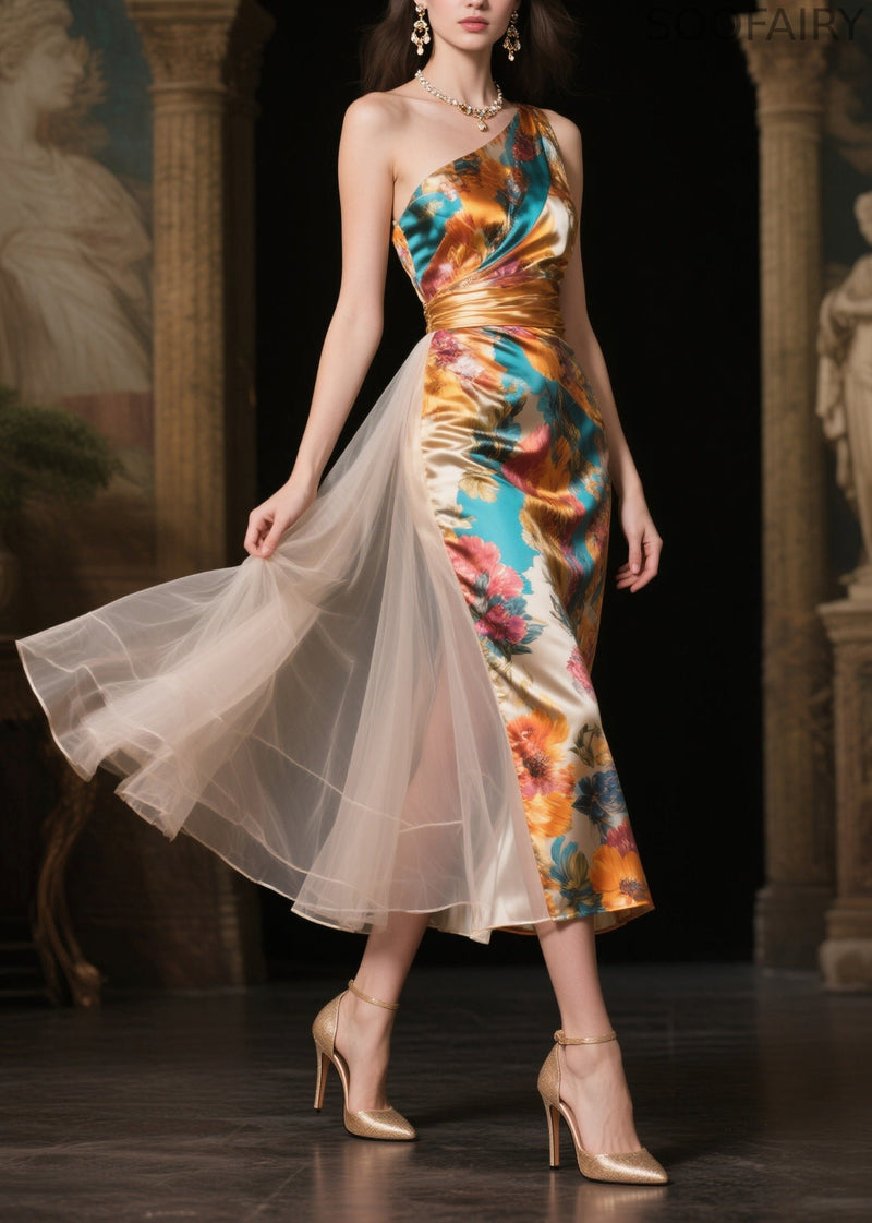 Italian One Shoulder Patchwork Tulle Vestidos Dresses Summer